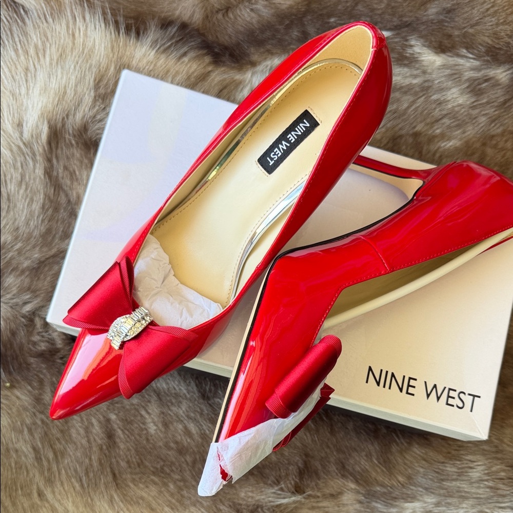 Nine West Red Patent Heels with Bow Accent